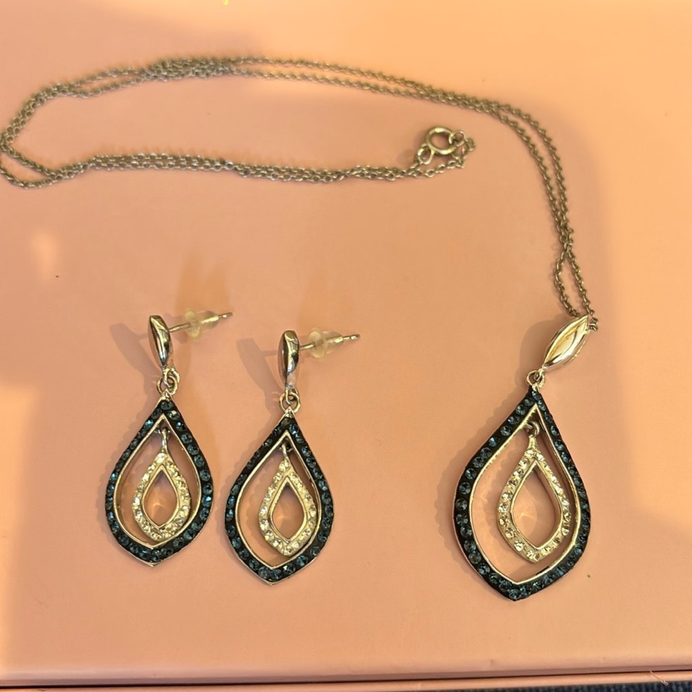 Blue & Silver Rhinestone Necklace and Earrings Set